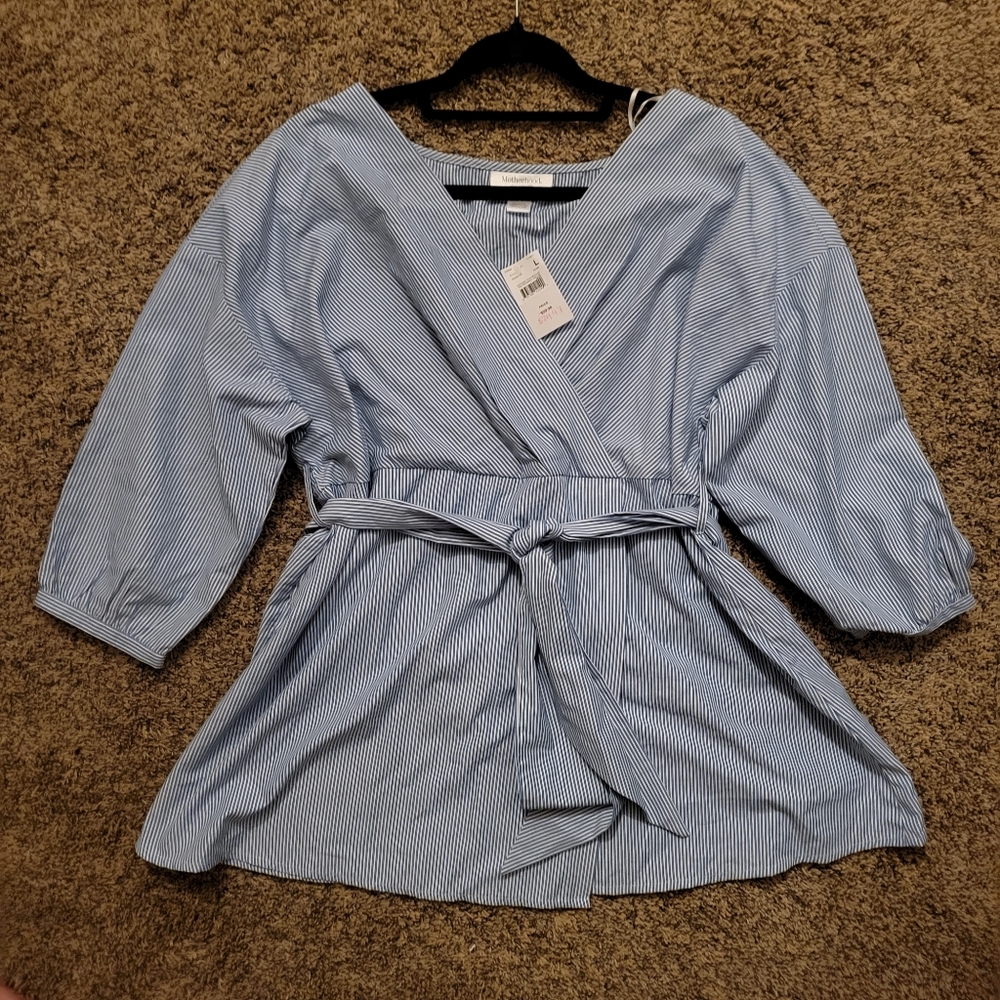 Blue white pinstripe maternity top blouse